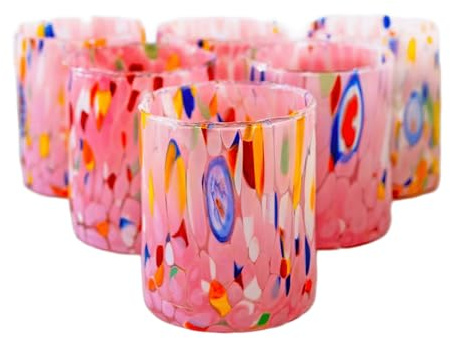MurArt Verres de Murano Lot de 6 verres de 400 ml Collection Tower en verre soufflé à la main en fabrication artisanale Made in Italy (rose, verre 6 pièces)