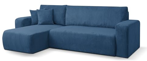VENASI MÖBEL Ecksofa mit Schlaffunktion Luna L, Blau Cordstoff | Sofa mit Bettkasten, Schlaffläche 125 × 200 cm, inkl. Kissen & Aufbauanleitung