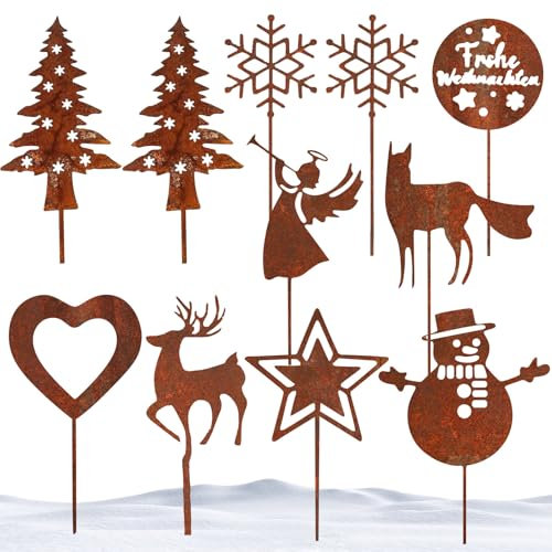 Set di 11 tappi da giardino arrugginiti in metallo, corona dell'Avvento, decorazione natalizia, decorazione da giardino, decorazione natalizia, decorazione da giardino arrugginita, spina in metallo