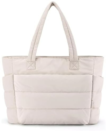 JIABAOZ Sac à main léger et moelleux,Sac de transport matelassé pour femme,Sac à bandoulière moelleux de grande capacité pour l'école, le travail et le shopping (Beige)