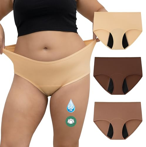 INNERSY Periodenunterschwäsche Starke Blutung Große Größen Baumwolle 3 Pack | Periodenunterwäsche High Waist, 44-62, Periodenslips Hohe Saugfähigkeit, Menstruation Unterwäsche, Auslaufsichere Unterhosen