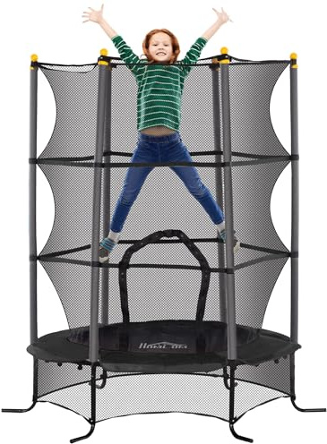 HOMCOM Trampolino Elastico per Bambini con Rete di Sicurezza, Tappeto Elastico con Pali Imbottiti per Interno ed Esterno, Età 3-10 Anni, Ø163x190 cm, Nero