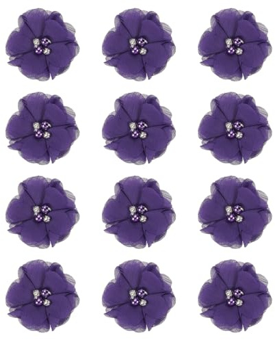 PATIKIL 2 Zoll Chiffon Blumen, 12 Stück Strass Perlen Nähen Stoffblumen Künstliche Applikationen Verzierungen für Kleidung Hochzeit DIY Handwerk Stirnbänder Dekor, Dunkellila