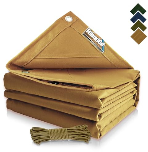 FoundGo 10x12ft Canvas Tarp 22 Mil Tarps 14 oz Canvas Tarpaulin Heavy Duty Cloth Water/UV Resistant Cover with Rustproof Grommets & Ropes for Cars,Roofs,Boats,Camps,Sunshades，Moisture Barrier -Tan
