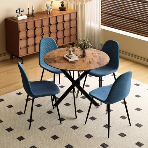 AOYA Esstisch mit 4 Stühle, Retro-Design Runder Küchentisch, Küchenstühlen Tisch Stuhl Set für Wohn- und Esszimmer Geeignet für 4 Personen Braun 80 cm (4, Blau)