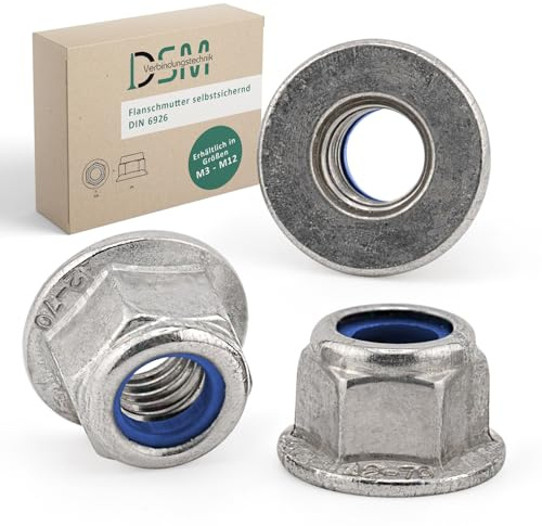 DSM – Flanschmuttern M3 selbstsichernd ohne Sperrverzahnung – 10 Stück | glatt Edelstahl A2 DIN 6926 [TrueSpec Präzision] Sechskantmutter mit Flansch, Sicherungsmutter, Stoppmutter, Sperrzahnmutter
