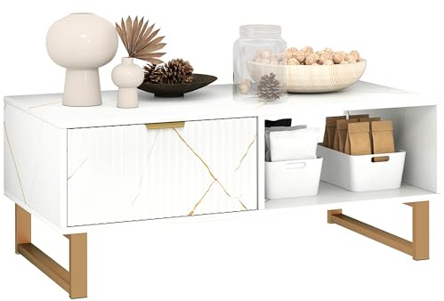 HOMCOM Marble-Effect Coffee Table with Storage, Living Room Table with Drawer and 2 Open Shelves, Modern Centre Table with Fluted Door, White