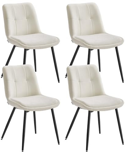 VASAGLE Esszimmerstuhl 4er Set, Küchenstuhl, Polsterstuhl, Chenille, Stuhl, bis 120 kg belastbar, Doppelkissen, Metallbeine, modern, für Esszimmer, Küche, cremeweiß KDC151W14