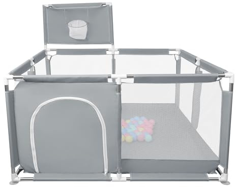 Laufstall Baby,Laufstall baby faltbar für Babys mit weichem,Baby Laufstalls mit Reißverschlusstür,Kinder laufgitter,inklusive 50 Bällen,4 X Zugringen,Leicht zu Reinigen (126x126x66cm Dunkelgrau)