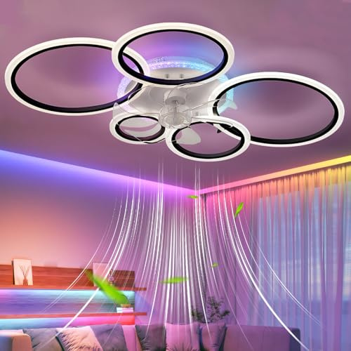 Caufloce 95cm RGB Deckenleuchte Mit Ventilator Groß Dimmbar, Reversibel Deckenleuchte Mit Ventilator Und Fernbedienung App, Modern Deckenventilator Mit Beleuchtung 72w Wohnzimmer Leise Timer-Black