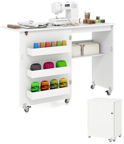 COSTWAY 2 in 1 Nähtisch klappbar, Nähmaschinenschrank aus Holz mit Regalen & Ablagefach, Nähschrank mit abschließbaren Rädern, Nähmaschinentisch Basteltisch für Wohnzimmer, Schlafzimmer (Weiß)