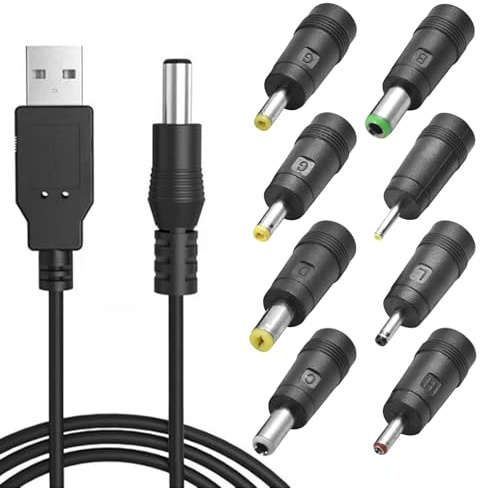 YUNHOLO USB to Dc Power Cable, 1m Universal 5V Charger USB Power Cable, Cord Dc 5.5 X 2.1mm Plug Adapter with 8 Different Connectors Compatible for Laptops, Router, Keyboard, Fan, Speakers