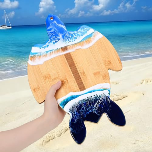 Ferrochef 1 Pcs Bamboo Sea Turtle Shaped Cutting Board with Blue Resin Wave Charcuterie Serving Tray Kitchen Meal Prep Serving Tray Gift for Christmas Wall Display Meat Vegetable, 14.5 x 10 Inch