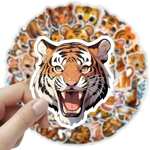 50 Pcs Cute Tiger Stickers Laptop Car Scrapbook Phone Skateboard Suitcase Luggage Bike Animals Vinyl Waterproof Aesthetic Personalised Stickers for Teens Boys Girls Adults