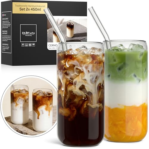 ElbFuchs Latte Macchiato Gläser 2er Set 450 ml - Trinkgläser in Dosenform aus Borosilikatglas mit Glasstrohhalmen, ästhetische Matcha- und Kaffeegläser, Eiskaffee- & Cocktailgläser