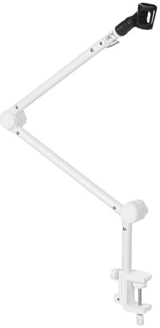 CLISPEED Microphone Stand Boom Arm Desk Mic Holder Metal Adjustable White Mic Clip for Studio Podcasters Recording Supplies