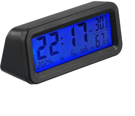 Hosrivae Reloj de coche con medidor solar, temperatura y humedad, retroiluminado para el salpicadero del coche, termómetro electrónico con luz de encendido automático, compatible con la mayoría de