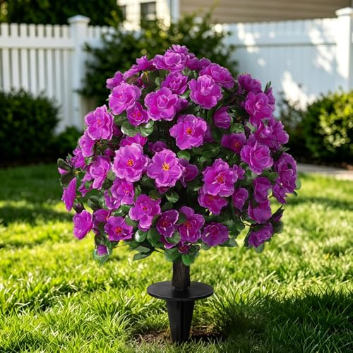 HSTEY Artificial Silk Flowers Azalea for Outdoor with Ground Spike, Faux Floral Topiaries Ball Bushes Shrubs for Home Garden Yard Patio Decor UV Resistant (Fuchsia)
