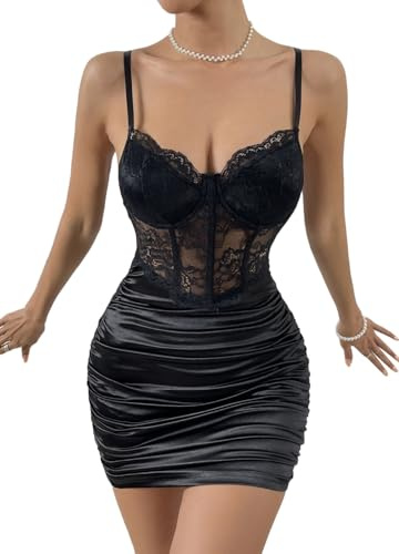 Naimo Vestido de corsé de encaje sexy para mujer, con tirantes delgados, minivestidos, cócteles, fiestas, volantes, bodycon