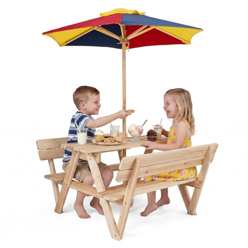 COSTWAY Tavolo da Picnic per Bambini, Set Tavolo e Panche da Giardino con Ombrellone Regolabile in Altezza e Struttura in Legno Massello per Campeggio e Picnic per Bambini 3-8 Anni