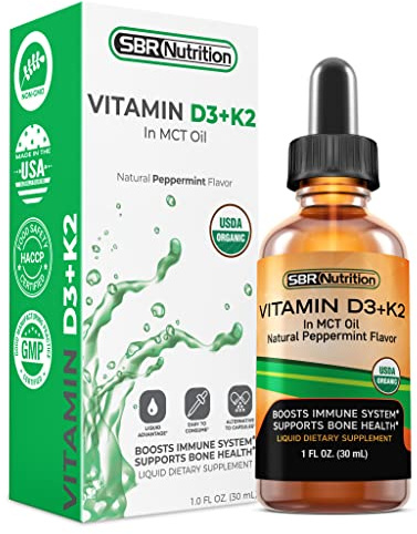 SBR Nutrition MAX Absorption, Vitamin D3 + K2 (MK-7) Liquid Drops with MCT Oil, Peppermint Flavor, Helps Support Strong Bones and Healthy Heart