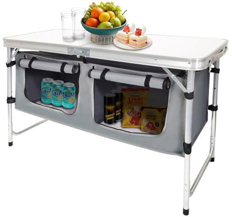 CampLand Outdoor Folding CampingTable with Aluminum Lightweight Height Adjustable with Storage Organizer Picnic Table for BBQ, Party, Camping (White)