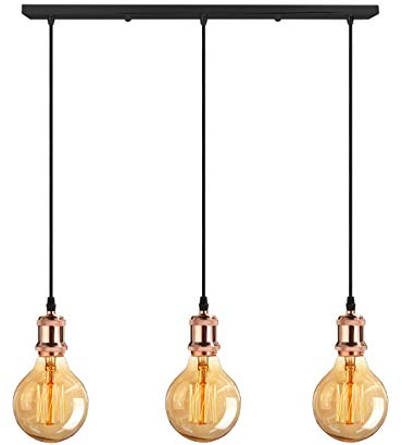 iDEGU 3-flammig Vintage Pendelleuchte, Retro Edison-Stil Hängelampe Metall LED Pendellampe Hängeleuchte mit E27 Lampenfassung Deckenfassung Lampe Sockel Fassung - Schwarz und Roségold