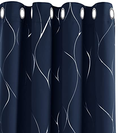 Deconovo Eyelet Blackout Curtains, Thermal Insulated Curtains, Silver Wave Line Foil Printed Curtains for Living Room, 66 x 72 Inch(Width x Length), Navy Blue, one pair