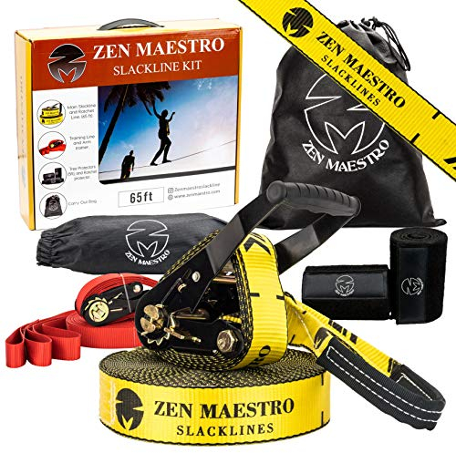 Slackline kit 65ft Slack Line Complete with Tree & Ratchet Protectors Optional Training Line Arm Trainer Carry Bag, Zen Maestro Instruction Booklet Outdoor Backyard Slack Line Fun for Kids and Adults