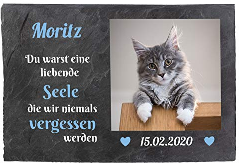 wandmotiv24 Gedenktafel Tiere Schiefer, 30x20cm, Wetterfest, Personalisiert mit Ihrem Haustier-Foto in Farbe, Name, Datum & Spruch, Grabschmuck, Gedenkstein Hund Katze, Trauer, Friedhof M0256