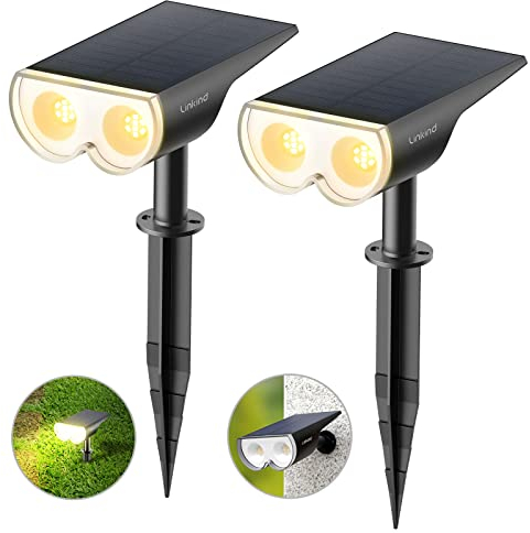 Linkind Solar Lights Outdoor Garden, Dusk-to-Dawn Warm White 3000k Stake Lights Solar Powered, Ip65 Waterproof Solar Spot Lights for Driveway Walkway Decoration, Pack of 2