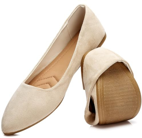 HEAWISH Women's Black Flats Shoes Comfortable Suede Pointed Toe Slip On Casual Ballet Flats Dress Shoes Nude Flats(Beige, US9)