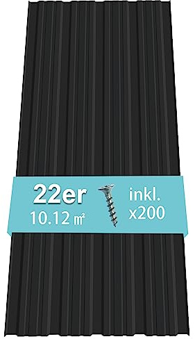 Thanaddo 22er Set Trapezblech Profilblech, 10,12m² Dachblech, 0,25mm hohe Tragfähigkeit Verzinkter Stahl mit vorgebohrten Löchern, 108x43cm Blechplatten mit Schrauben für Gartenhaus Carport, Schwarz