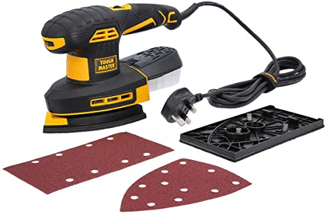 Finishing Sander 240V TOUGH MASTER Power Tool, Corded Electric Power Sander Plus 2 Sanding Pads, Dust Box with 6 Variable Speed for Furniture Finishing, Yellow & Black (TM-FS252E)
