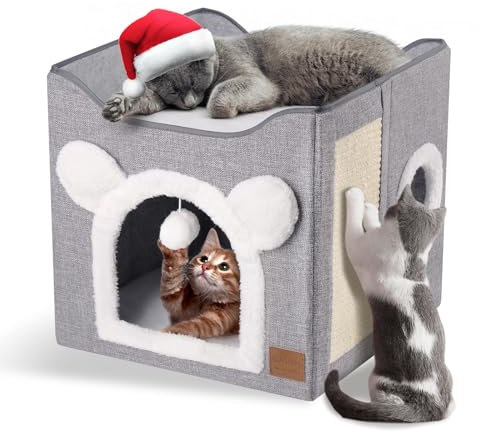 CATISM Faltbares Katzenhaus, Katzenhöhle 2 Schicht Würfel Großer Raum Katzenbett mit Kratzbrett und Spielball für kleine mittlere Haustiere Innenruhe 40 * 40 * 35cm Grau