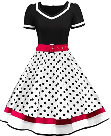 Odizli Rockabilly - Vestido vintage de los años 50 para mujer, manga corta, cuello de pico, lunares, oscilante, vestido de coctail, boda, festivo, hasta la rodilla, Negro + blanco, M
