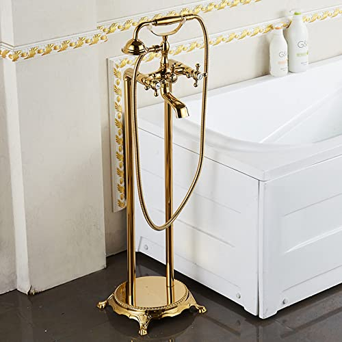 Wannenarmatur, Vintage Freistehende Armatur Badewanne Wasserhahn, Messing Mischbatterie Badewanne, Wasserfall-Badewannenarmatur Mit Handbrause, Standarmatur Armaturen, Wasserhahn Badewanne,Gold