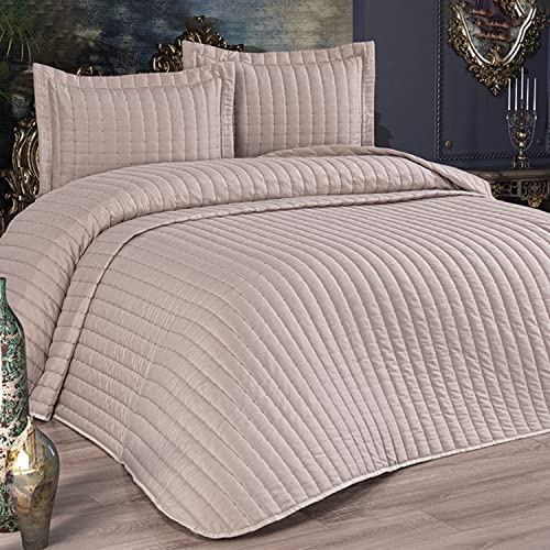 DOWRY WORLD 3-in-1 XXL Microfabric Premium Quilted Bedspread Set | Oversized Double Bed Bedspread (250×260 cm) ×1 | Pillowcases (55×75 cm) ×2 | Made in Turkey (Dublin-Cappucino)