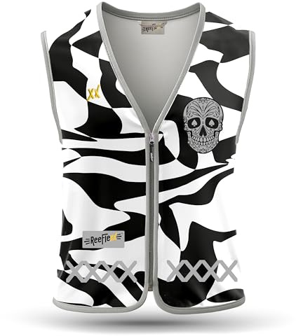 REEFLEXX Warnweste Damen Sicherheitsweste, erhöhte Sichtbarkeit im Straßenverkehr, Joggen, Fahrrad oder Auto, Black White Skull, Größe XL