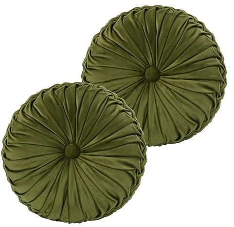 HIG Set of 2 Decorative Round Pleated Throw Pillows, Classy Accent Pumpkin Throw Pillows with Center Button, Vintage Velvet Floor Pillows for Sofa Couch Vanity Chair Bed, Olive, 14.5 Diameter(Ripple)