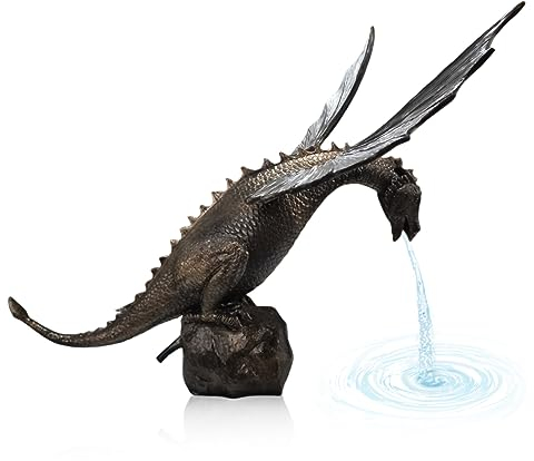 SMELEYOU Terrassbrunnen 29 cm Antike Dragon Wasser Herbstharz Drachen Garten Statue mit Pumpen im Innenwasserbrunnen für Gärten Patios Teichdekoration