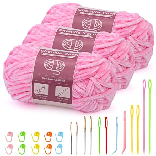 Benlay 3X100g(3 X 80 m) Chenille Wolle, Wolle Zum Häkeln Stricken (Rosa) | Chenille Samt Garn mit Nadeln großem Öhr zum Stricken und Häkeln, Kleidung, Decken, Taschen, Pullover, DIY-Strickprojekte