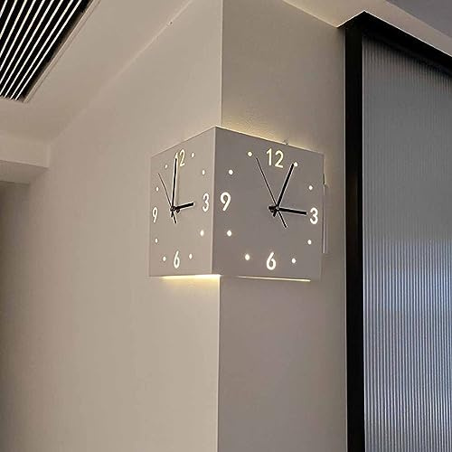 CLOUDEMO Corner Clock, Double Sided Corne Wall Clock, Double Sided Corner Wall Clock, Sensor Luminous Corner Wall Clock with Numeral Scale Battery Operated Silent Wall Clock for Bedroom (White)