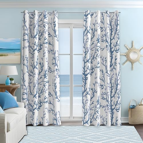 weesire Nautical Coastal Coral Curtains Tree Branch Botanical Pattern Painting Blackout Room Thermal Insulated Window Curtains 2 Panels Bedroom Hall Patio Door 52x63, Gray Blue