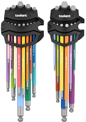Toolant Allen Wrench Set of 22 (Metric & SAE) Extra Long Arm Ball End Hex Key Wrench Set with Color Coded Sleeves and Unique Patented Design to Magnet and