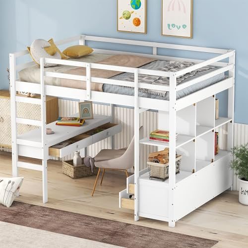 YCYDHDM Hochbett 140x200cm mit Schreibtisch und Regalen, Kinderhochbett Jugendbett mit Rausfallschutz und Stauraum, Bettgestell aus Kiefernholz, Doppelbett Kinderbett, Weiß