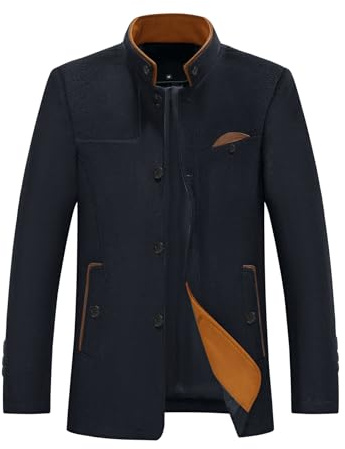 Allthemen Mens Winter Trench Coat Stand Collar Warm Wool Blend Casual Patchwork Outwear Button Down Peacoat Navy Blue M