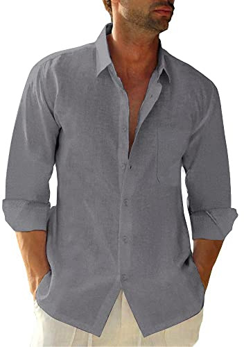 Friptspyg Leinenhemd Herren Langarm Baumwolle Leinen Hemd Herren Freizeithemden Casual Regular Fit Sommerhemd mit Tasche, Dunkelgrau XL