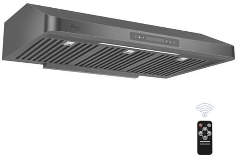 Awoco 36” Under Cabinet Range Hood 7” High Stainless Steel Black, 6 Speeds with Gesture Sensing Touch Control Panel, 900 CFM with Remote Control, 5W LED Light Bar, 8” Round Top Vent