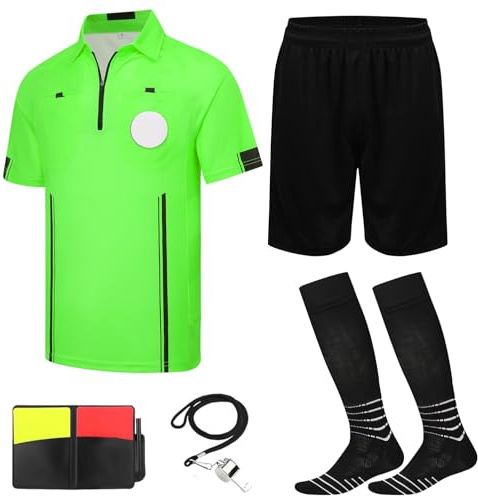 VKT Fußball-Schiedsrichter-Set, Fußball-Schiedsrichter-Shirt, Trikot, Shorts, Ref. Socken, Pfeife, Rot/Gelb, Karte für Herren und Damen, Halloween-Kostüm, Grün , XX-Large